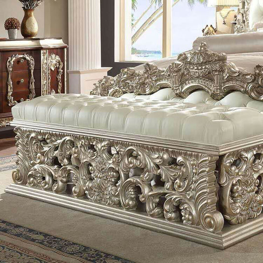 Leather Bed Bench in Metallic Silver Finish European Traditional Victorian