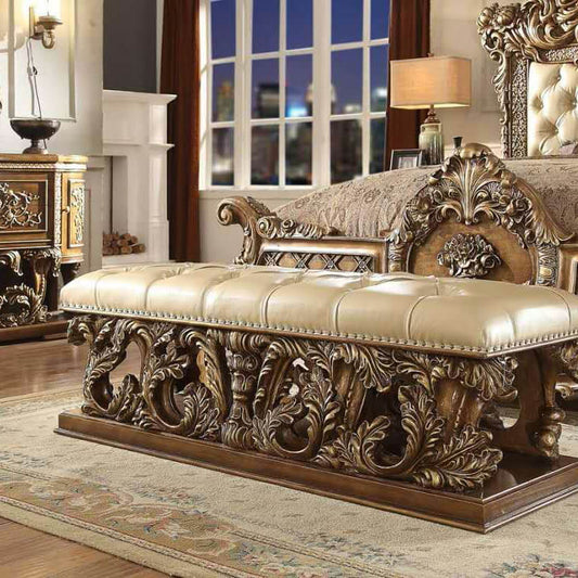 Leather Bed Bench in Metallic Antique Gold & Brown Finish European