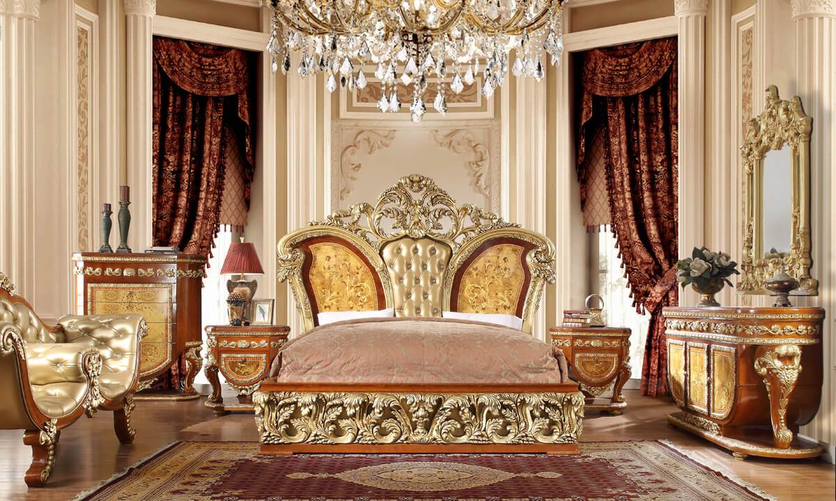 Leather E King 5PC Bedroom Set in Metallic Golden Tan Finish EK8024-5PC European