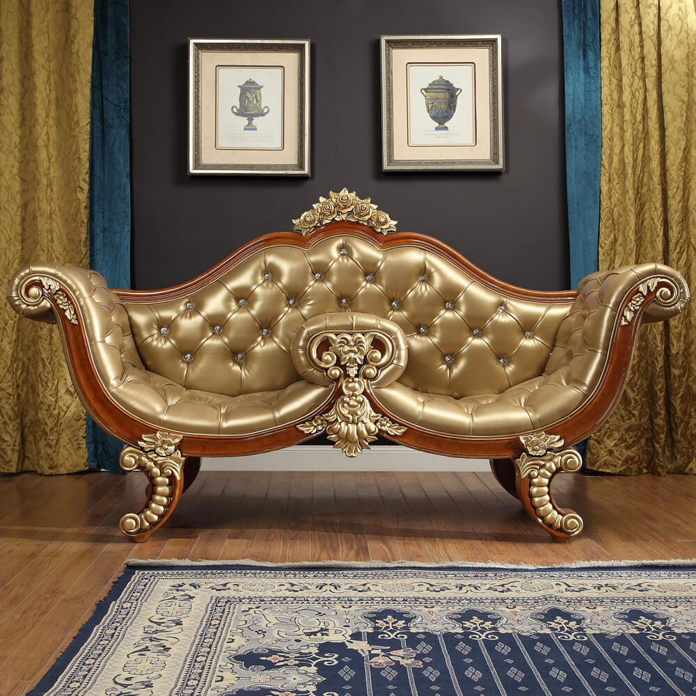 Leather Bed Bench in Metallic Golden Tan Finish European Victorian