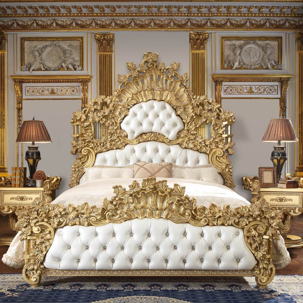 Leather Eastern King Bed in Metallic Bright Gold Finish EK8086 European Victorian