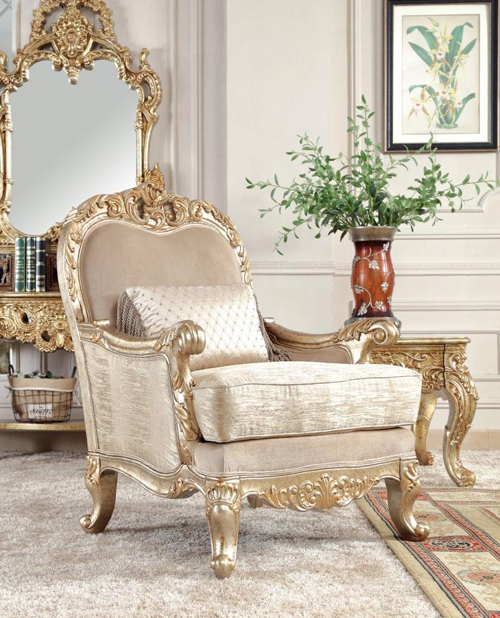 Fabric Accent Chair in Antique Gold with Silver Champagne Finish European