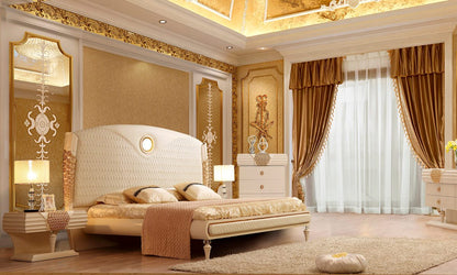 Leather E King 5PC Bedroom Set in Silvery White Cream Finish EK901-5PC European
