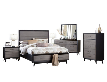 Regent Mid Century Modern 6PC Bedroom Set Cal King Storage Platform Bed, Dresser, Mirror, 2 Nightstand, Chest in Grey