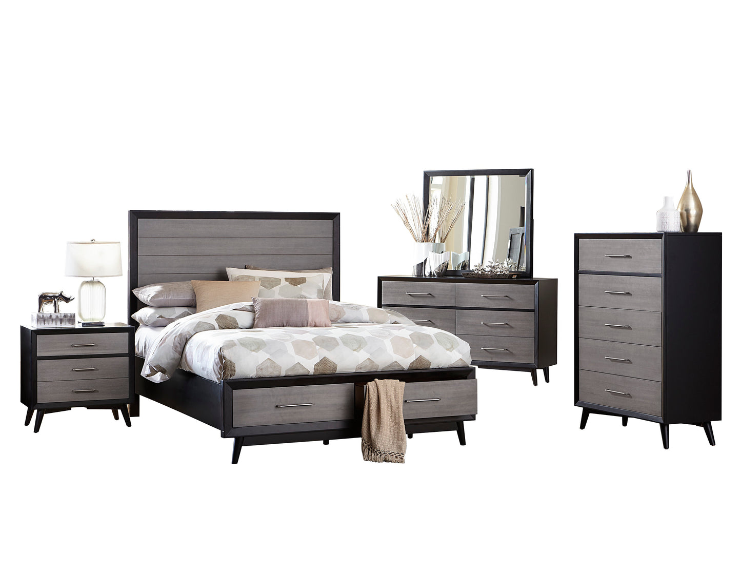 Regent Mid Century Modern 5PC Bedroom Set Cal King Storage Platform Bed, Dresser, Mirror, Nightstand, Chest in Grey