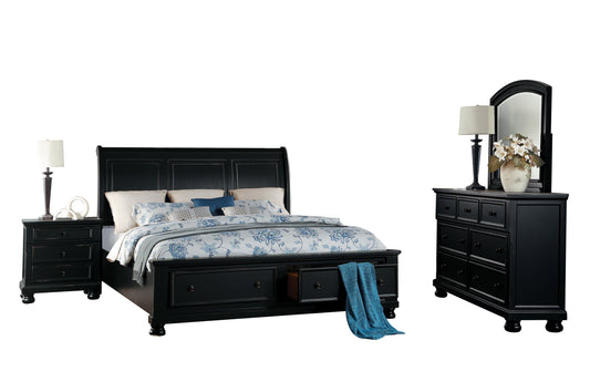 Lexington Cottage 4PC Bedroom Set Cal King Sleigh Storage Bed, Dresser, Mirror, Nightstand in Black