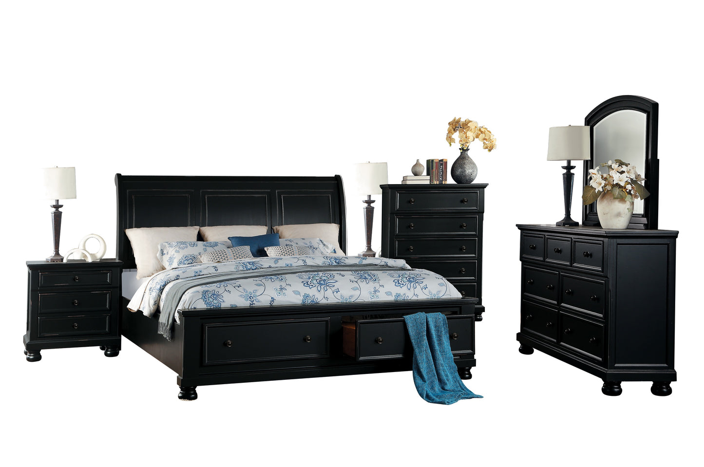 Lexington Cottage 6PC Bedroom Set Queen Sleigh Storage Bed, Dresser, Mirror, 2 Nightstand, Chest in Black