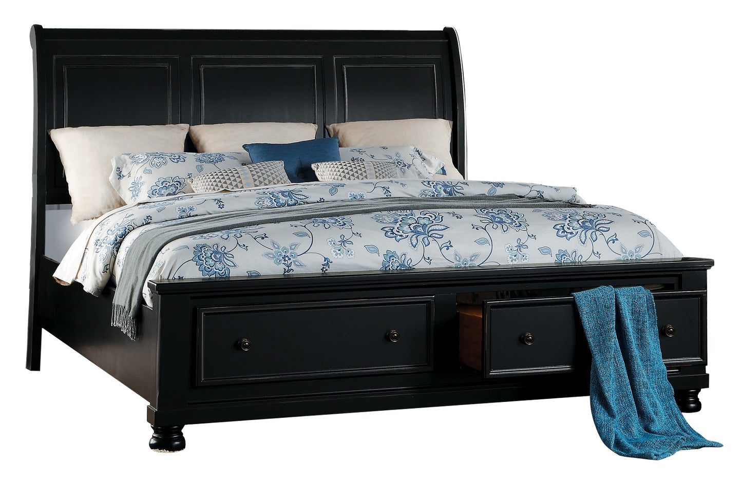 Lexington Cottage 6PC Bedroom Set Cal King Sleigh Storage Bed, Dresser, Mirror, 2 Nightstand, Chest in Black
