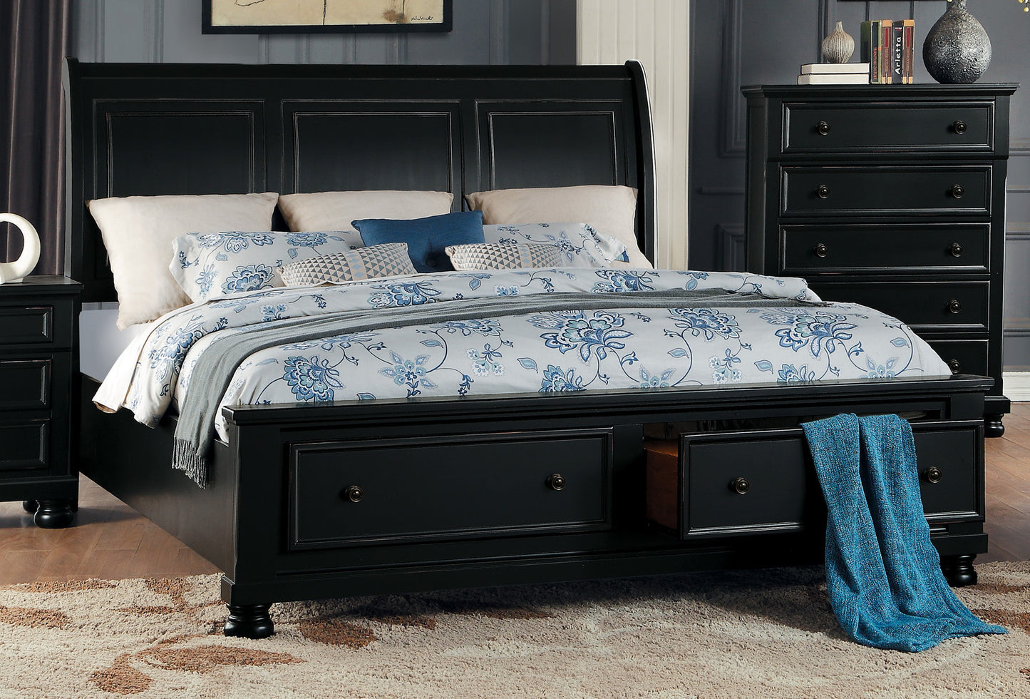 Lexington Cottage E King Sleigh Platform Bed with Footboard Storage in Black