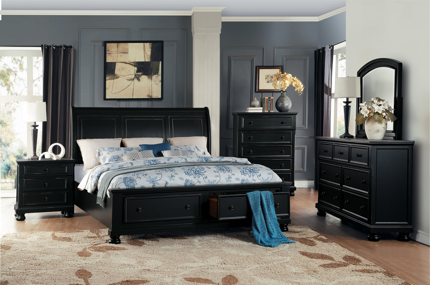 Lexington Cottage 6PC Bedroom Set Cal King Sleigh Storage Bed, Dresser, Mirror, 2 Nightstand, Chest in Black