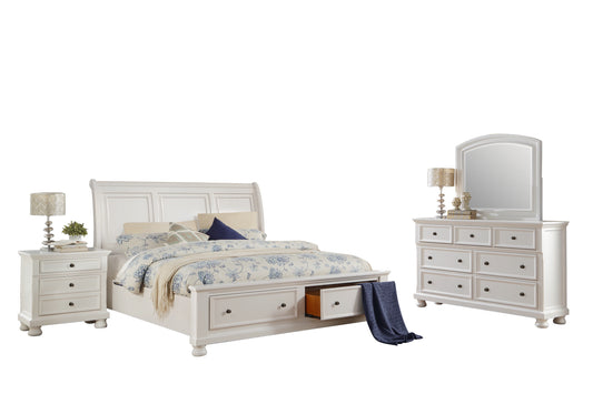 Lexington Cottage 4PC Bedroom Set Cal King Sleigh Storage Bed, Dresser, Mirror, Nightstand in White