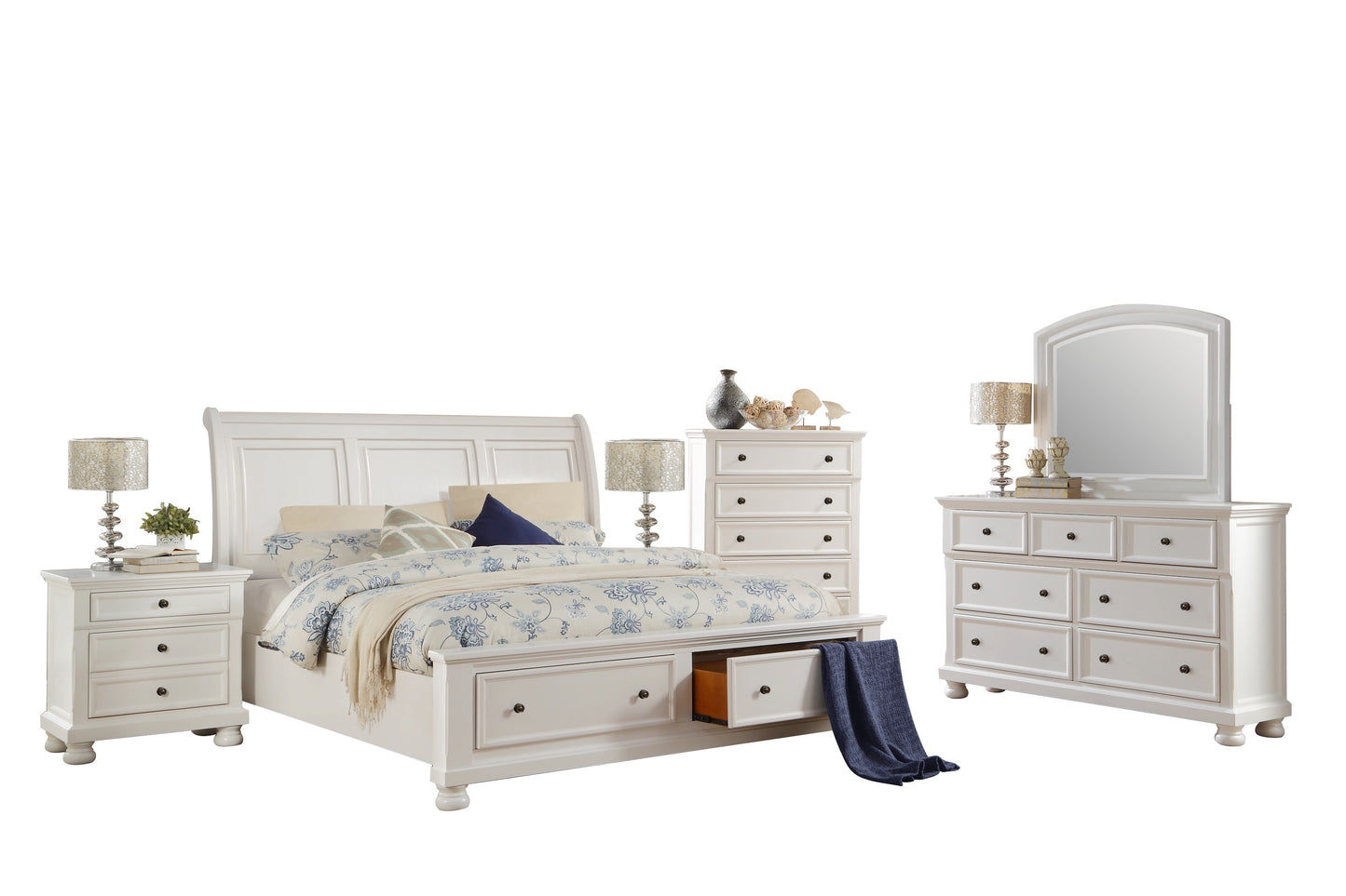 Lexington Cottage 6PC Bedroom Set Queen Sleigh Storage Bed, Dresser, Mirror, 2 Nightstand, Chest in White