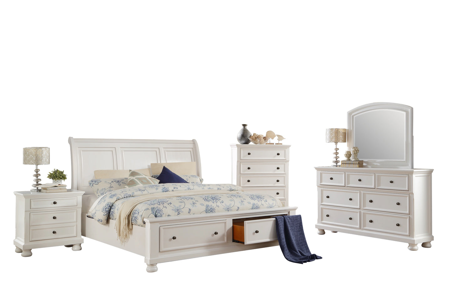 Lexington Cottage 5PC Bedroom Set Queen Sleigh Storage Bed, Dresser, Mirror, Nightstand, Chest in White