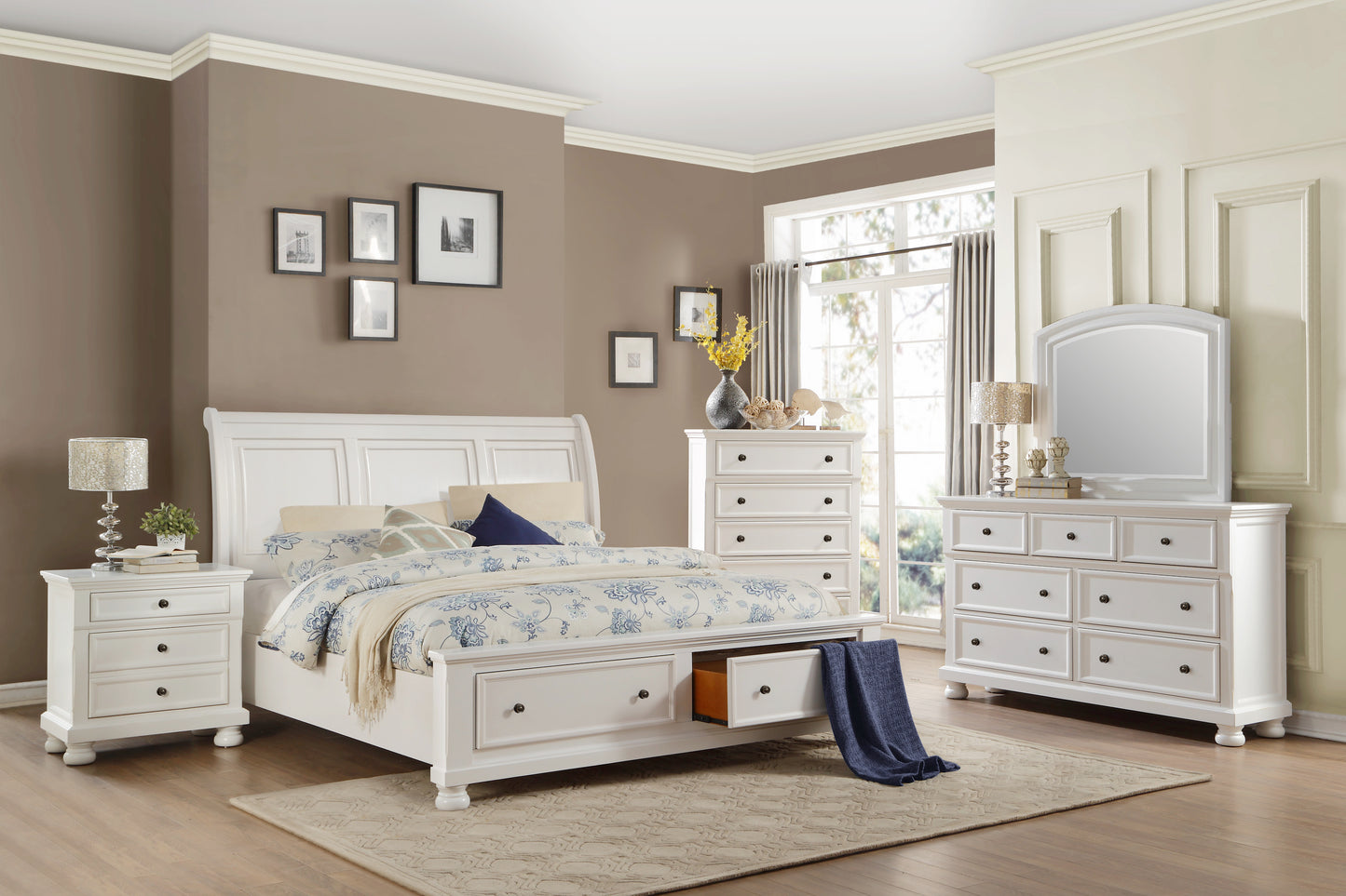 Lexington Cottage 5PC Bedroom Set Cal King Sleigh Storage Bed, Dresser, Mirror, Nightstand, Chest in White