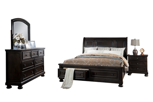 Belize Traditional Modern 4PC Bedroom Set Cal King Storage Platform Bed, Dresser, Mirror, Nightstand in Brown Grey