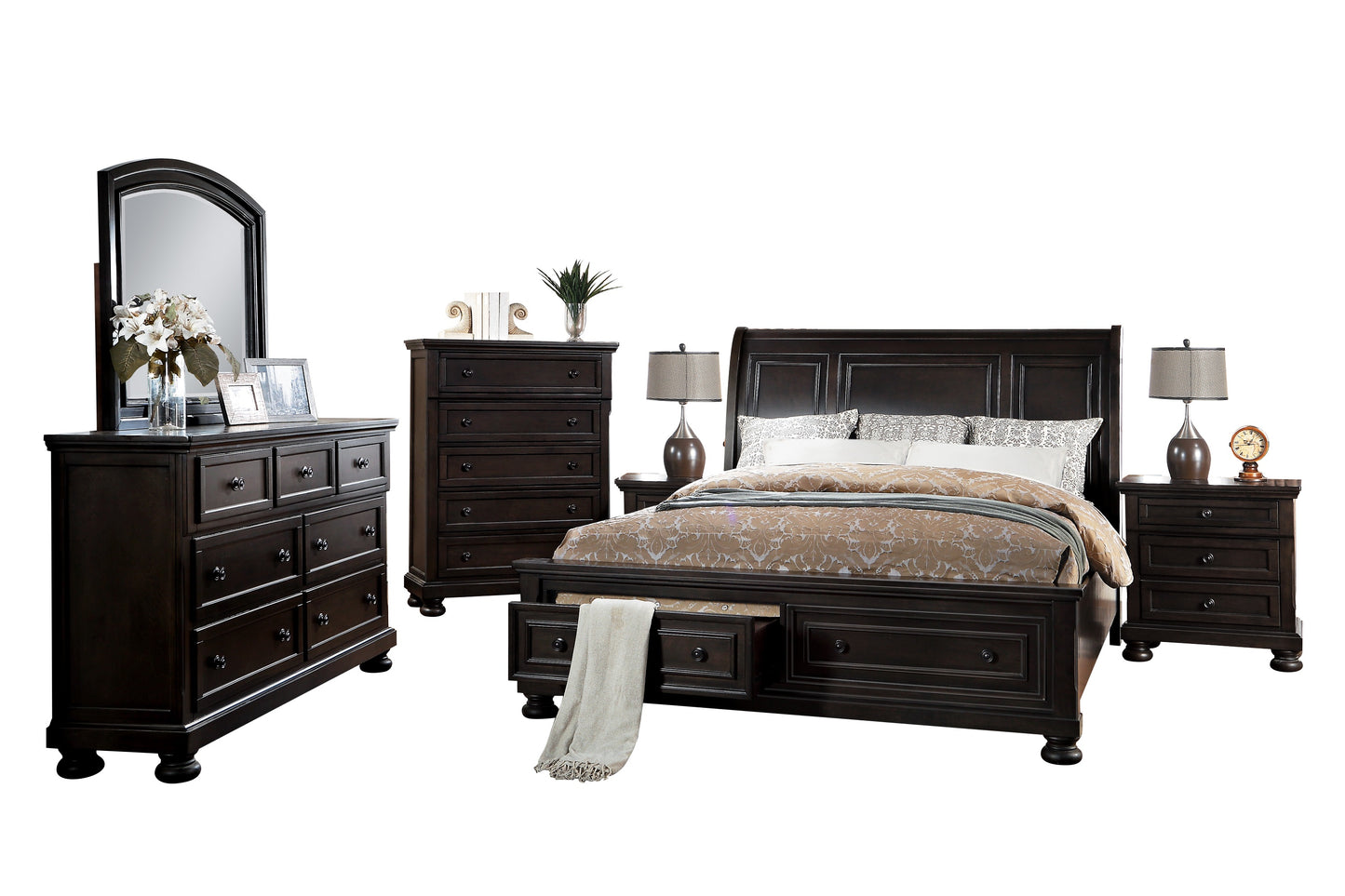 Belize Traditional Modern 6PC Bedroom Set E King Storage Platform Bed, Dresser, Mirror, 2 Nightstand, Chest in Brown Grey