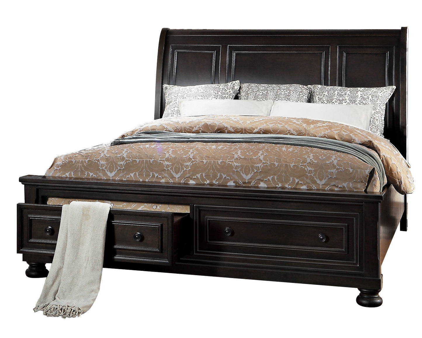 Belize Traditional Modern 6PC Bedroom Set Cal King Storage Platform Bed, Dresser, Mirror, 2 Nightstand, Chest in Brown Grey