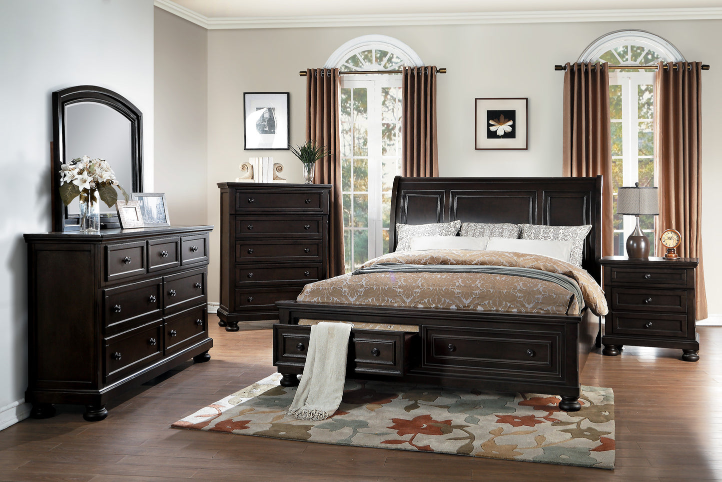 Belize Traditional Modern 5PC Bedroom Set E King Storage Platform Bed, Dresser, Mirror, Nightstand, Chest in Brown Grey