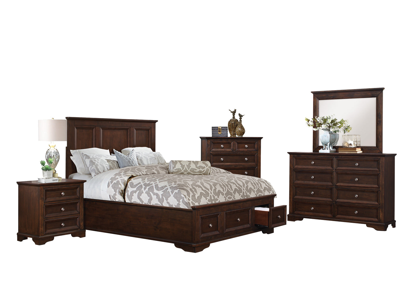 Elista Rustic Country 5PC Bedroom Set E King Storage Platform Bed, Dresser, Mirror, Nightstand, Chest in Espresso