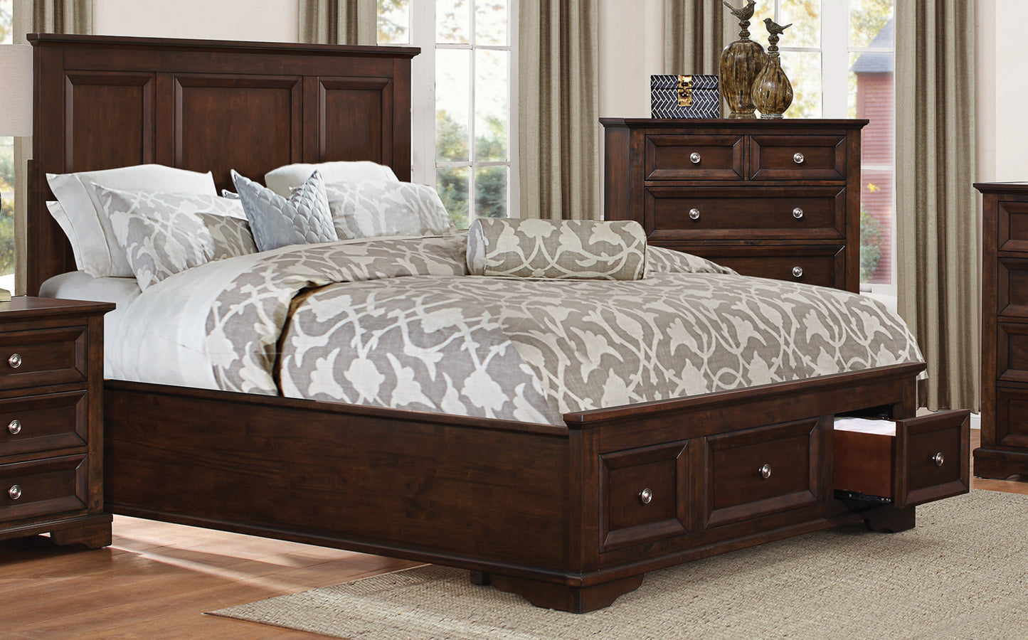 Elista Rustic Country Queen Platform Bed with Footboard Storage in Espresso