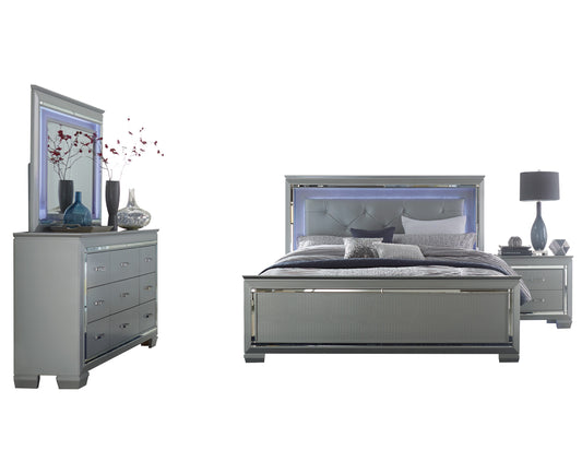 Almada 4PC Bedroom Set Queen LED Bed, Dresser, Mirror, Nightstand in Silver Alligator Embossed