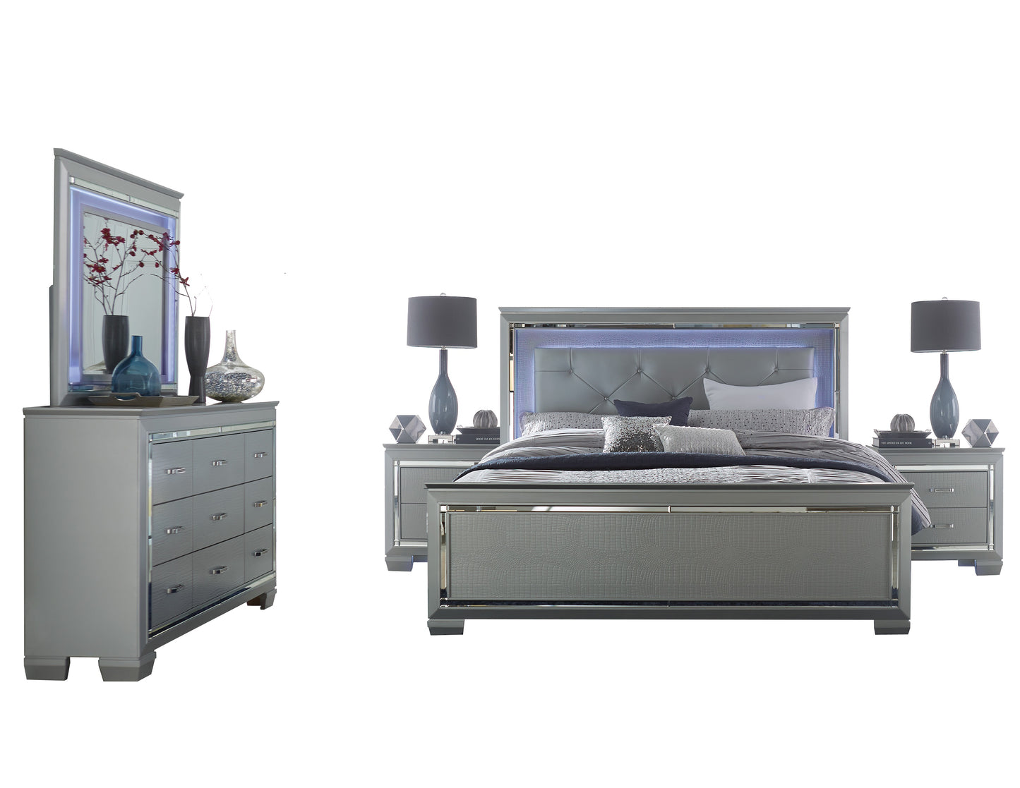 Almada 5PC Bedroom Set Queen LED Bed, Dresser, Mirror, 2 Nightstand in Silver Alligator Embossed