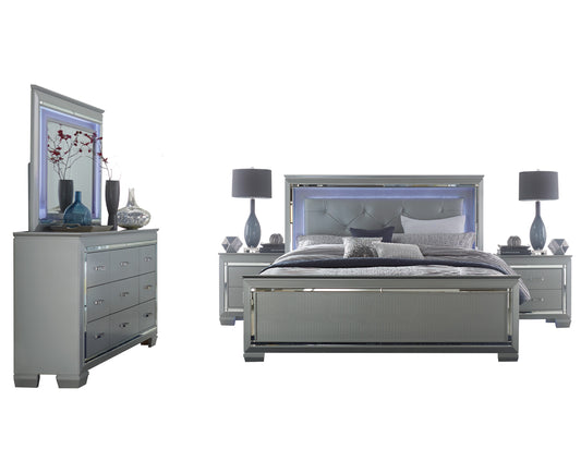 Almada 5PC Bedroom Set Full LED Bed, Dresser, Mirror, 2 Nightstand in Silver Alligator Embossed