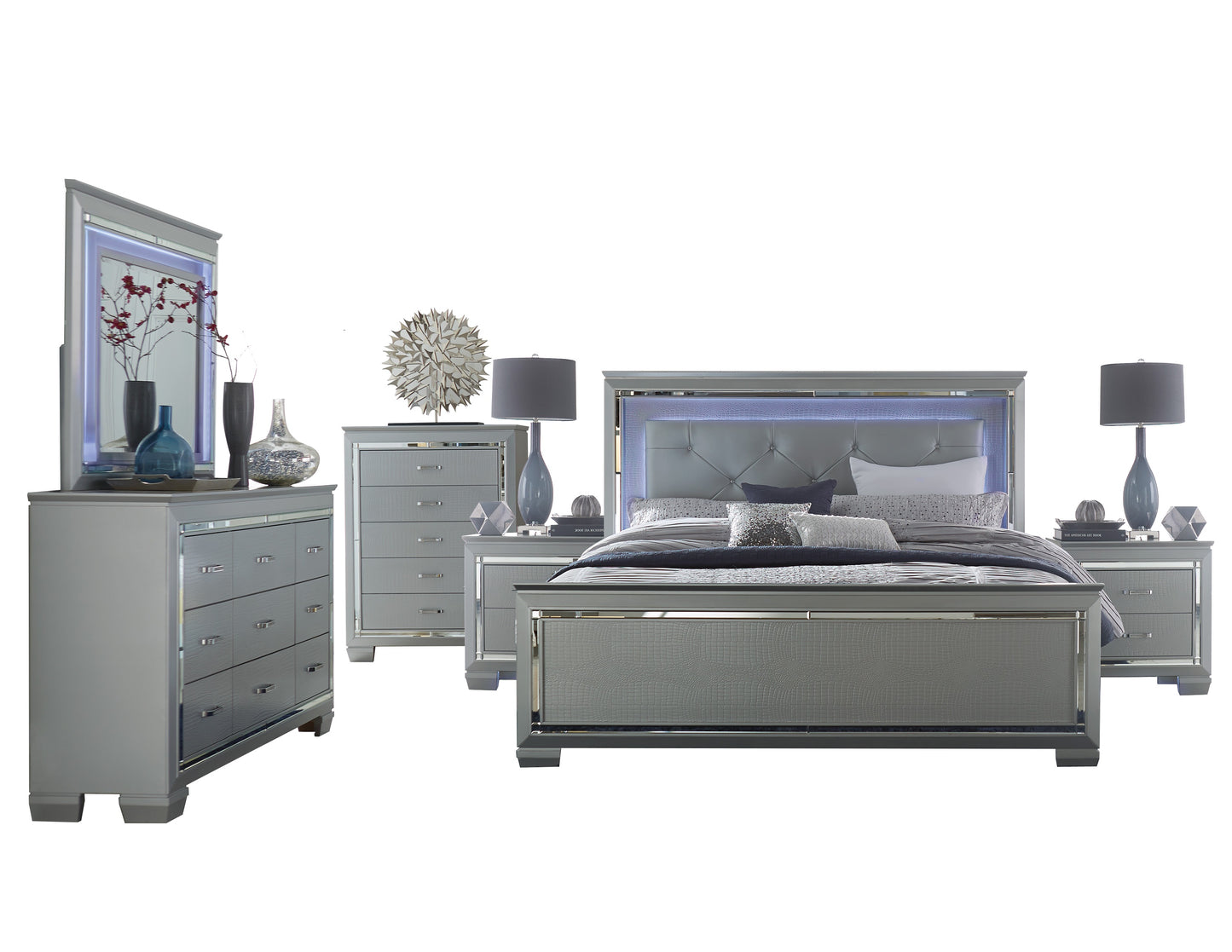 Almada 6PC Bedroom Set E King LED Bed, Dresser, Mirror, 2 Nightstand, Chest in Silver Alligator Embossed