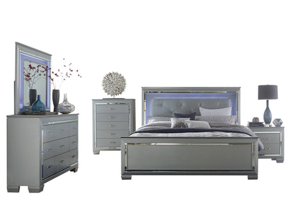 Almada 5PC Bedroom Set E King LED Bed, Dresser, Mirror, Nightstand, Chest in Silver Alligator Embossed
