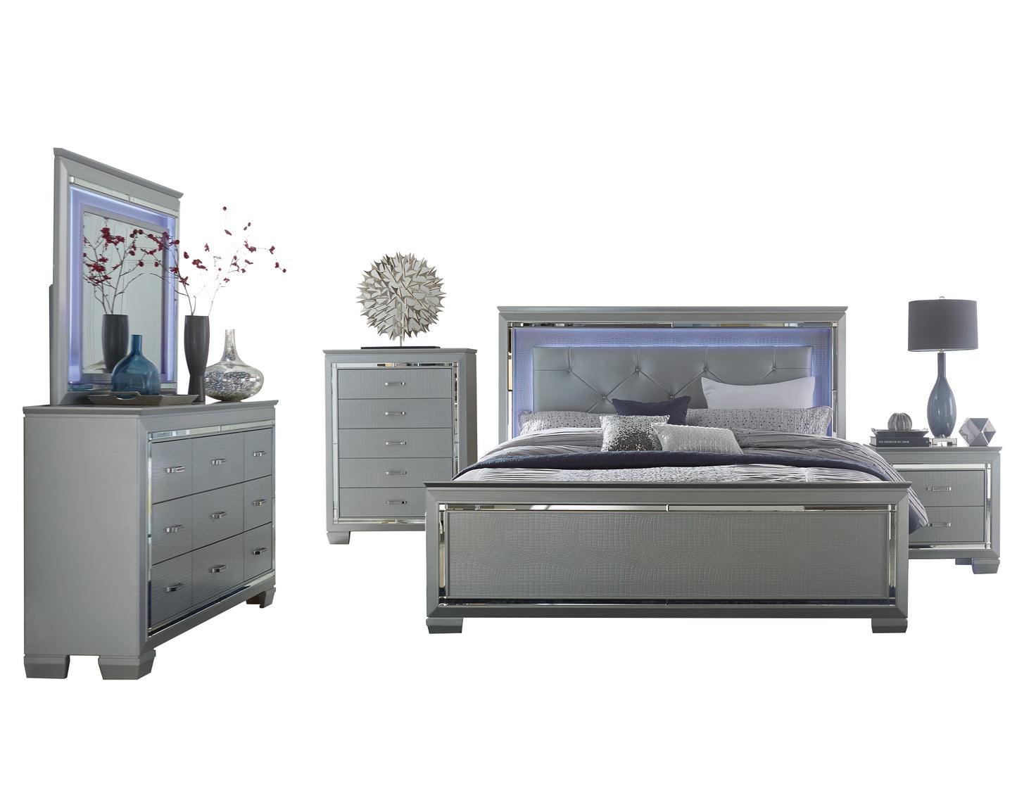 Almada 5PC Bedroom Set Full LED Bed, Dresser, Mirror, Nightstand, Chest in Silver Alligator Embossed