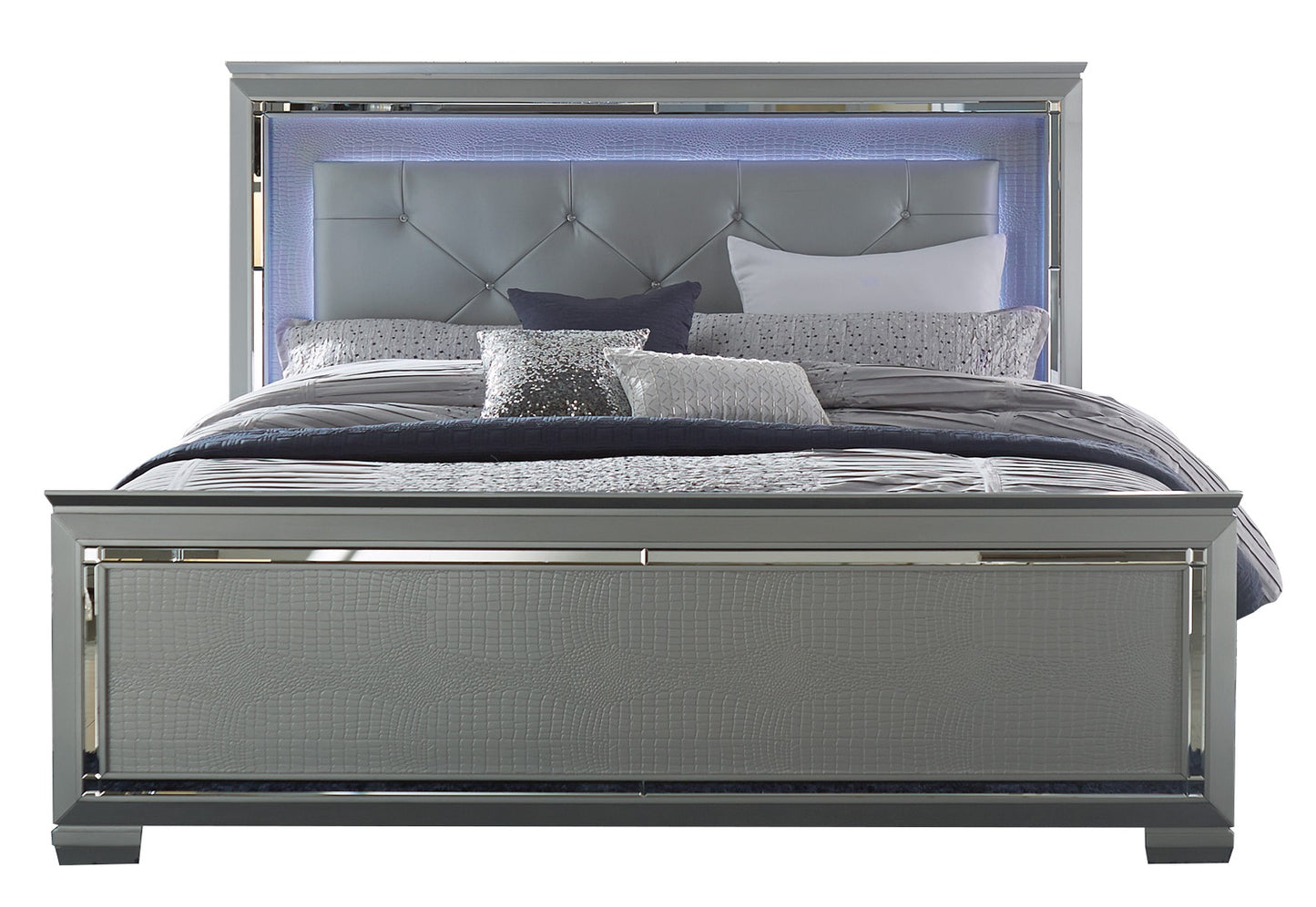 Almada 4PC Bedroom Set Cal King LED Bed, Dresser, Mirror, Nightstand in Silver Alligator Embossed