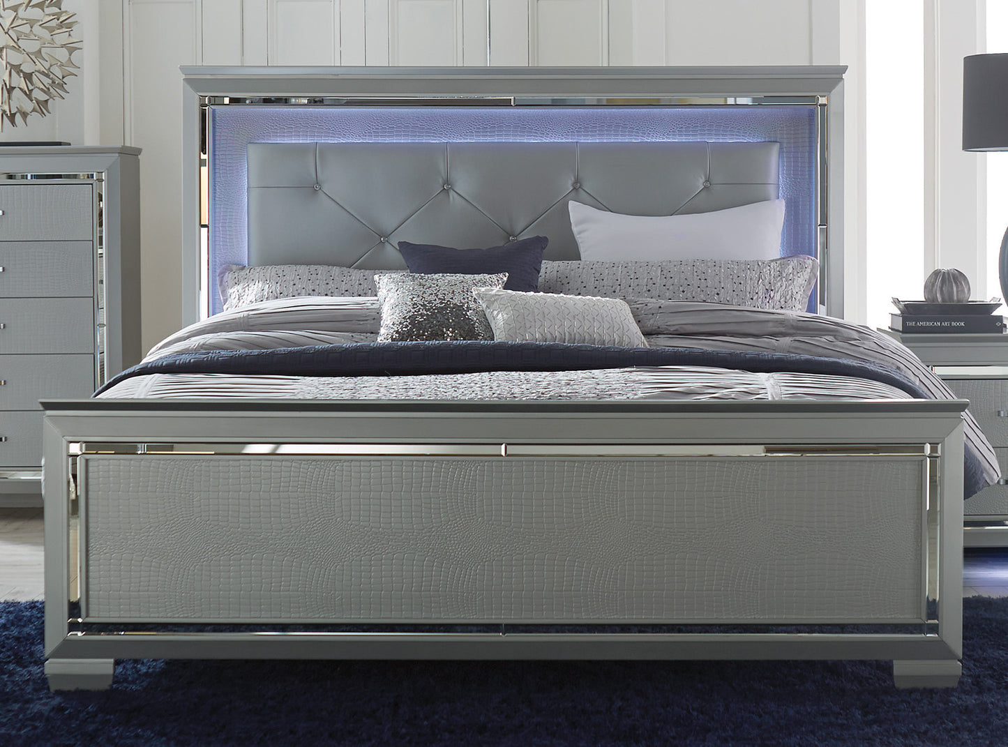Almada E King LED Bed Dresser & Mirror in Silver Alligator Embossed