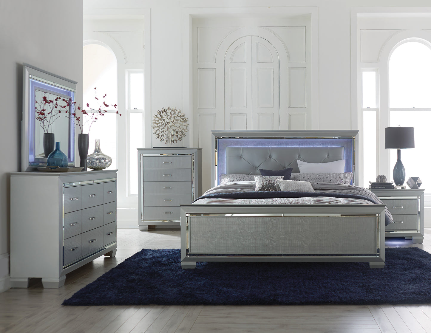 Almada 5PC Bedroom Set Full LED Bed, Dresser, Mirror, Nightstand, Chest in Silver Alligator Embossed