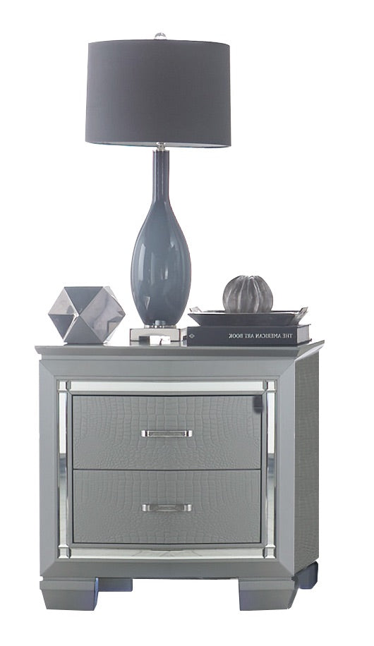 Almada Nightstand With LED Lighting in Silver Alligator Embossed