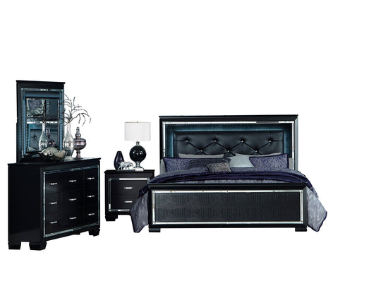 Almada 4PC Bedroom Set E King LED Bed, Dresser, Mirror, Nightstand in Black Alligator Embossed
