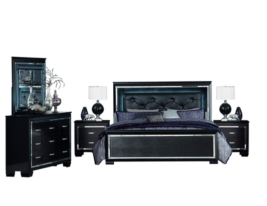 Almada 5PC Bedroom Set Full LED Bed, Dresser, Mirror, 2 Nightstand in Black Alligator Embossed