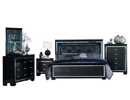 Almada 5PC Bedroom Set Queen LED Bed, Dresser, Mirror, Nightstand, Chest in Black Alligator Embossed