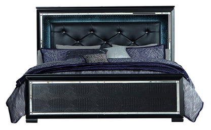 Almada 6PC Bedroom Set E King LED Bed, Dresser, Mirror, 2 Nightstand, Chest in Black Alligator Embossed