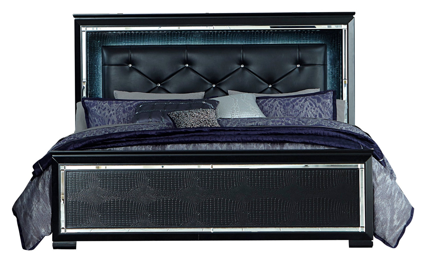 Almada 4PC Bedroom Set E King LED Bed, Dresser, Mirror, Nightstand in Black Alligator Embossed