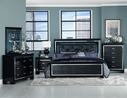 Almada 5PC Bedroom Set Full LED Bed, Dresser, Mirror, Nightstand, Chest in Black Alligator Embossed