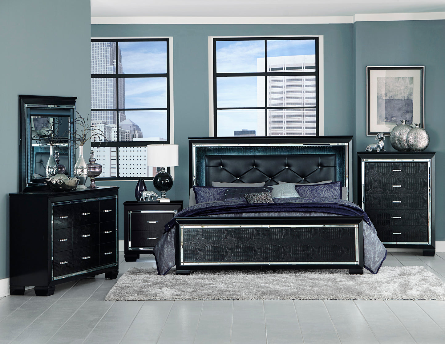 Almada 5PC Bedroom Set Cal King LED Bed, Dresser, Mirror, Nightstand, Chest in Black Alligator Embossed