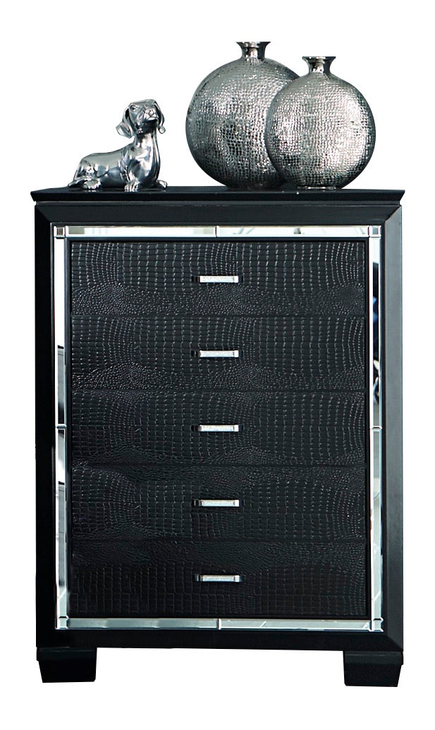 Almada 6PC Bedroom Set E King LED Bed, Dresser, Mirror, 2 Nightstand, Chest in Black Alligator Embossed