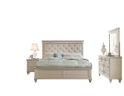 Caen Modern Glam 4PC Bedroom Set Queen Bed, Dresser, Mirror, Nightstand in Pearl