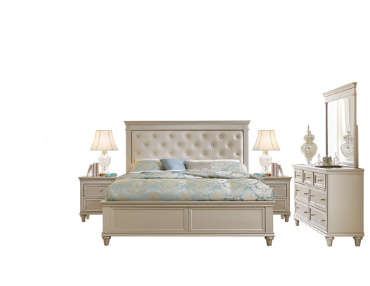 Caen Modern Glam 5PC Bedroom Set Queen Bed, Dresser, Mirror, 2 Nightstand in Pearl