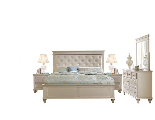 Caen Modern Glam 5PC Bedroom Set E King Bed, Dresser, Mirror, 2 Nightstand in Pearl