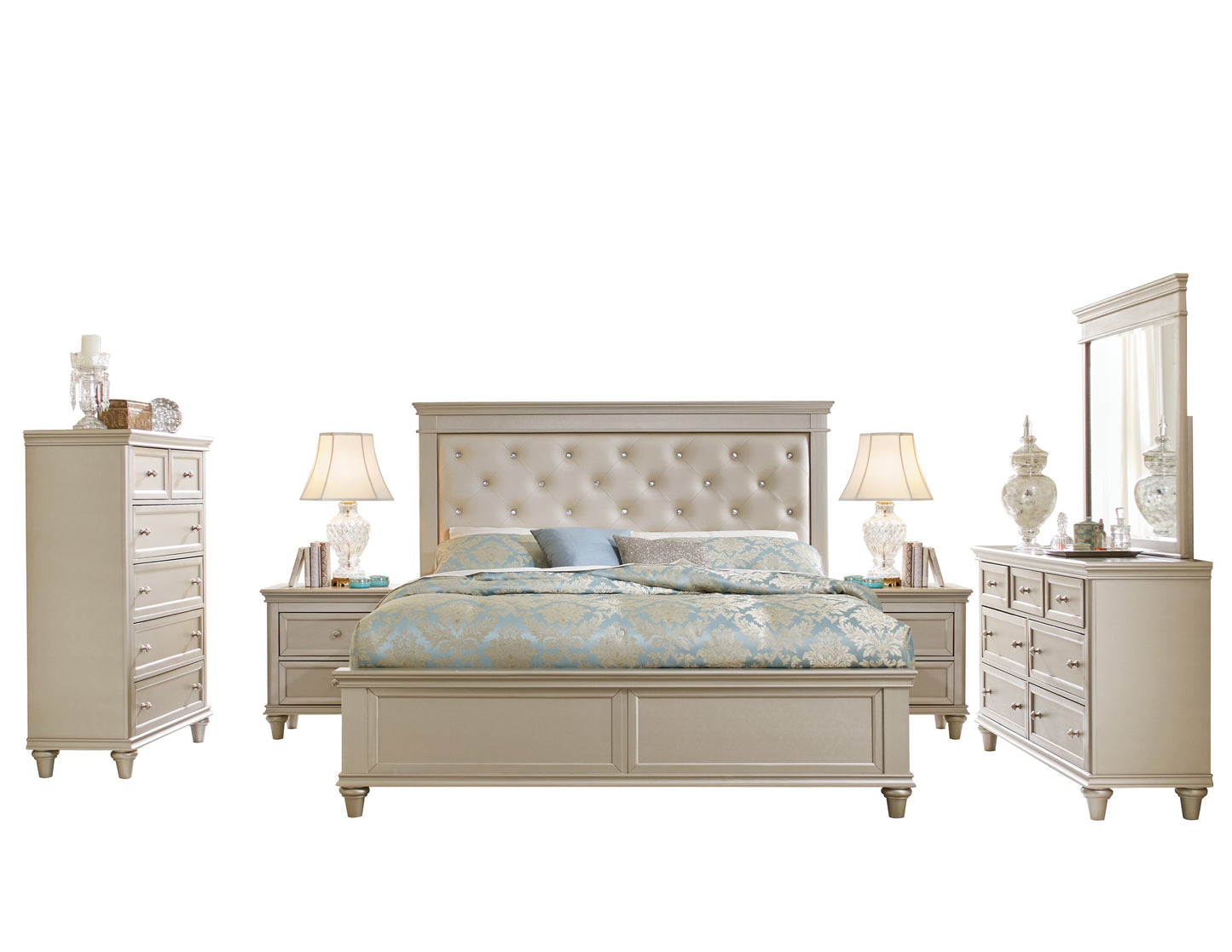 Caen Modern Glam 6PC Bedroom Set Cal King Bed, Dresser, Mirror, 2 Nightstand, Chest in Pearl