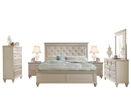 Caen Modern Glam 6PC Bedroom Set Cal King Bed, Dresser, Mirror, 2 Nightstand, Chest in Pearl