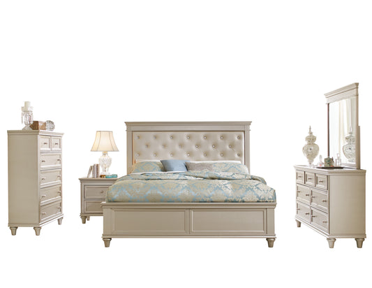 Caen Modern Glam 5PC Bedroom Set Queen Bed, Dresser, Mirror, Nightstand, Chest in Pearl