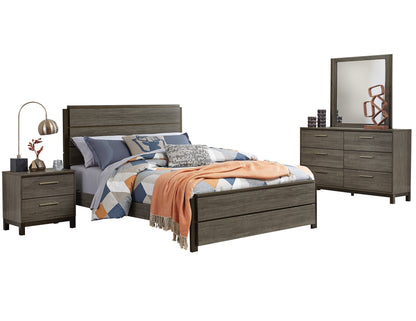 Volos 4PC Bedroom Set Queen Bed, Dresser, Mirror, Nightstand in Mid Modern Grey