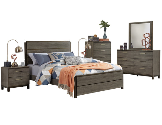 Volos 6PC Bedroom Set Queen Bed, Dresser, Mirror, 2 Nightstand, Chest in Mid Modern Grey